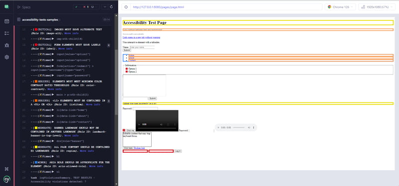 The wick a11y plugin running, which adds highlights to elements with failing accessibility checks and lists elements in the command log of the Cypress App