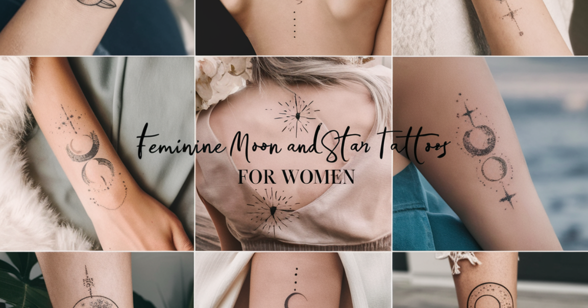 A collection of women's tattoos featuring the aesthetics of moon and stars, showcasing intricate designs and celestial themes.