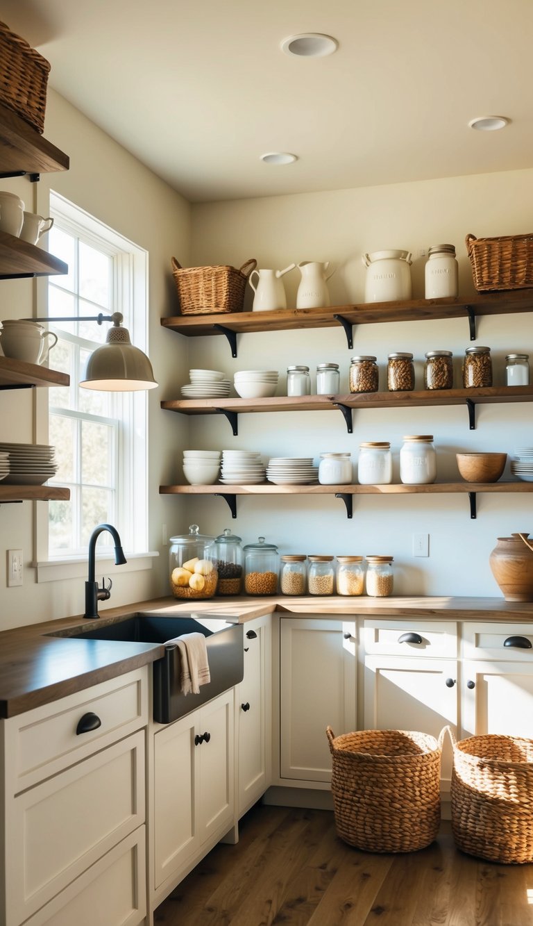 A cozy farmhouse kitchen with open shelving units displaying rustic dinnerware, mason jars, and woven baskets. Sunlight streams in through the window, casting a warm glow over the space