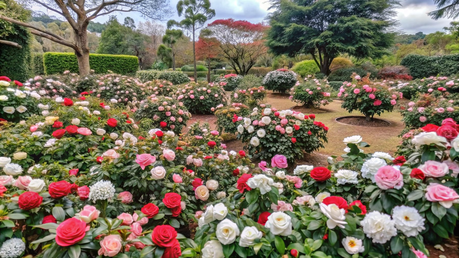 Canteiro de camélias em cores variadas, como branco, rosa e vermelho, em um jardim verdejante.