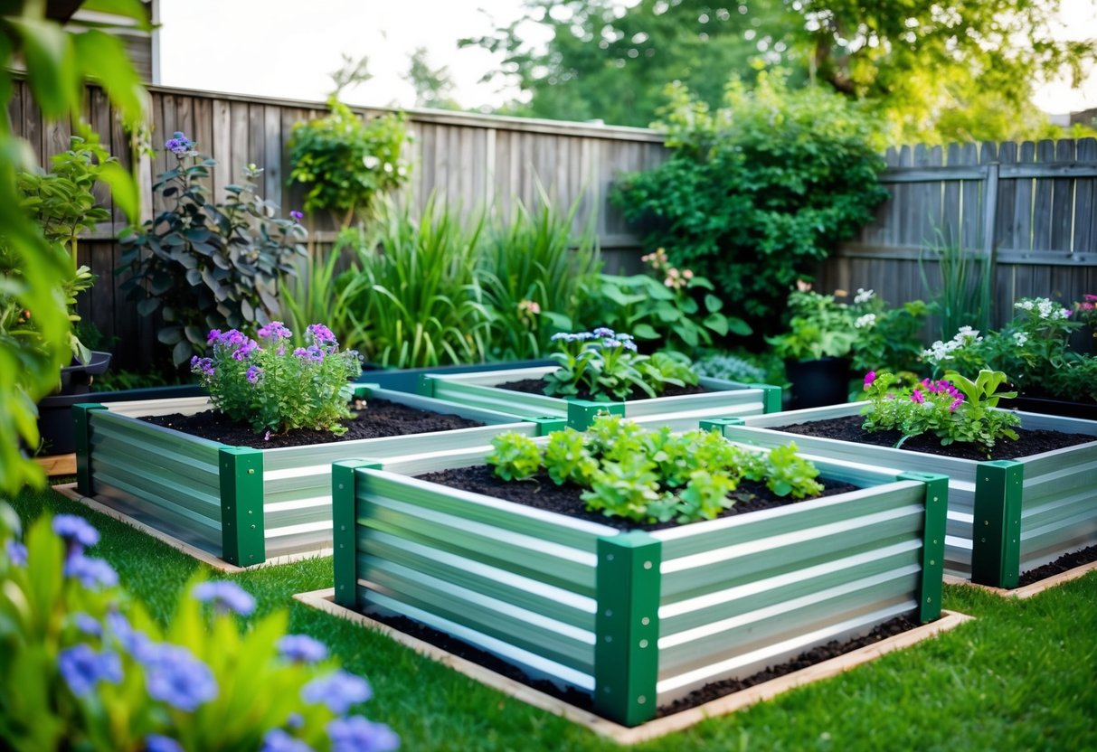 A small backyard with raised garden beds made from recycled materials, surrounded by lush plants and flowers