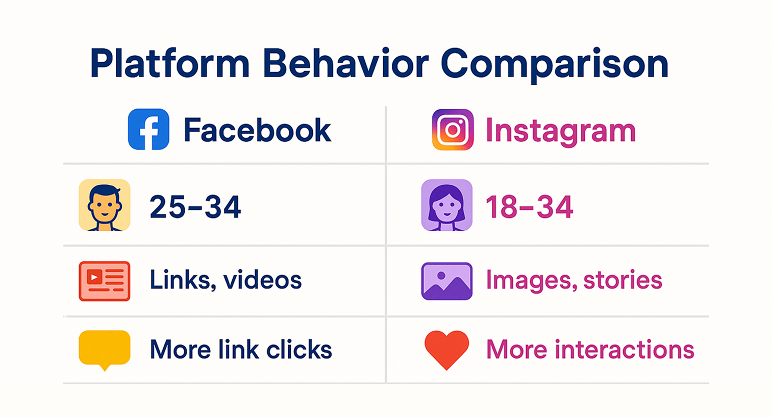 Colorful infographic comparing Facebook and Instagram users by age range, content type, engagement behavior, and top ad formats