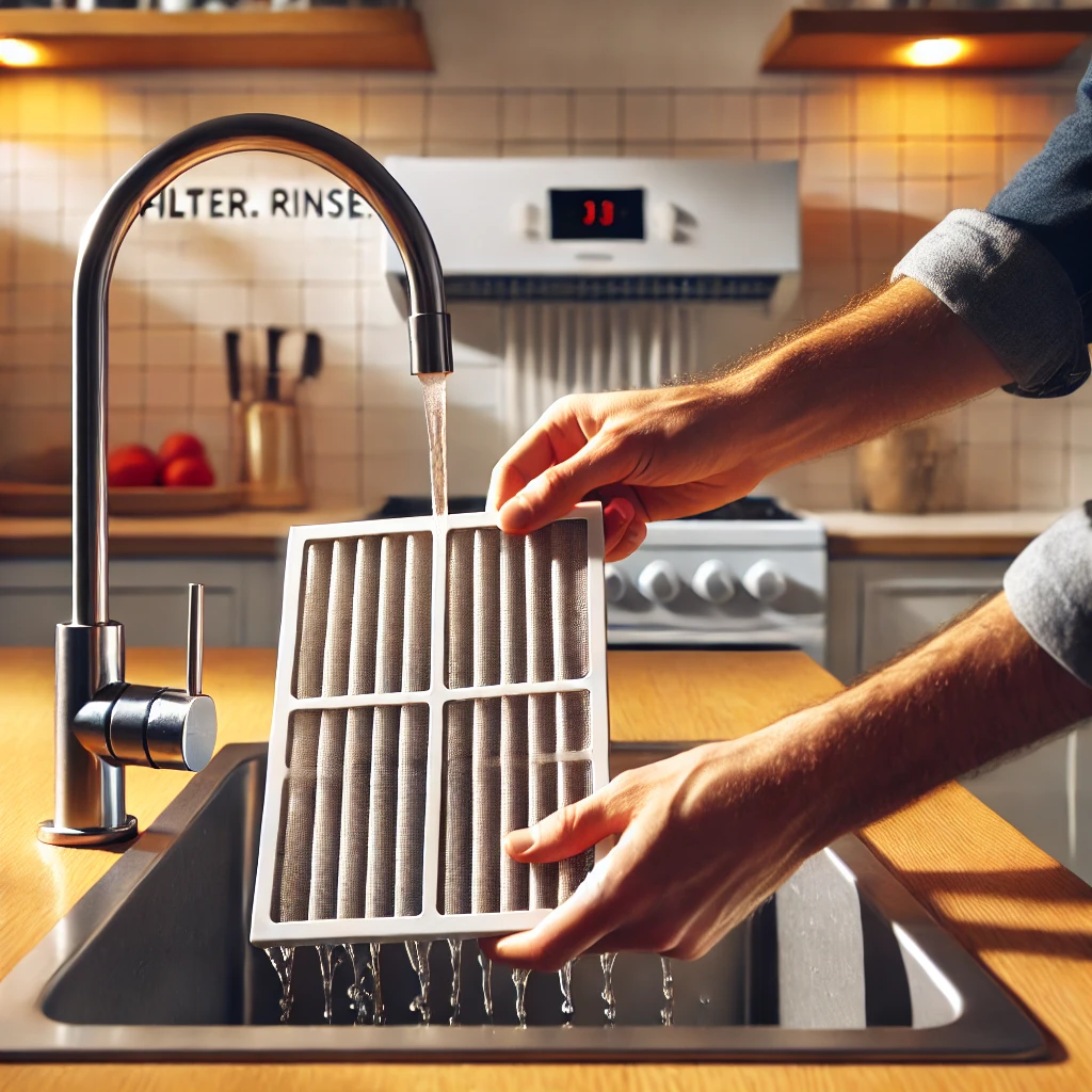 Hands rinsing a mini-split air filter under a faucet, showing routine HVAC maintenance
