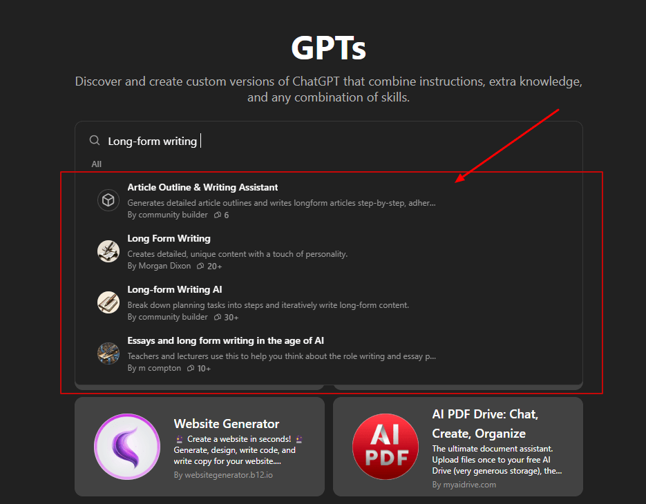 GPTs search results for "Long-form writing," showing AI assistants for article outlining, content creation, and essay writing.

