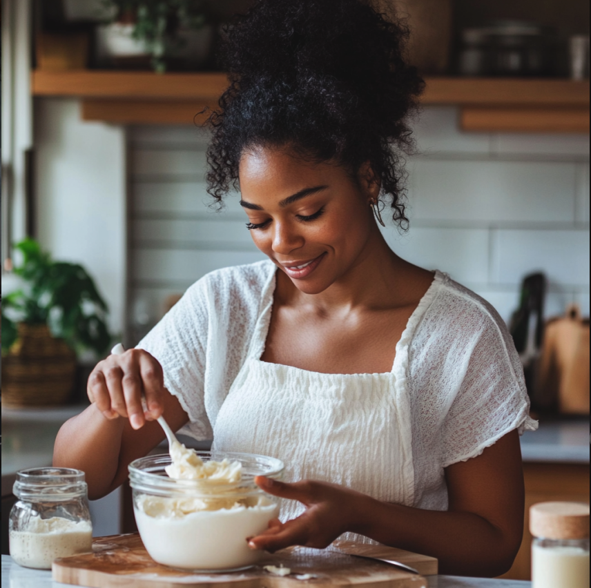 Young black woman with curly black hair tied up into a top knot bun. She is standing in a modern, bright kitchen mixing ingredients to make a coconut body butter. She is wearing a white blouse. Featured in the blog, "Can I Use Coconut Oil As A Body Cream?"