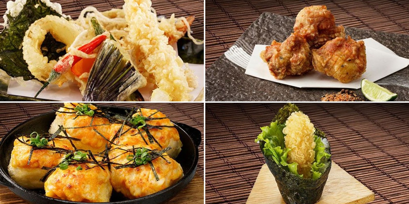 Tempura tổng hợp, Gà karaage, Đậu phụ Mentaiko, Temaki Tôm Tempura