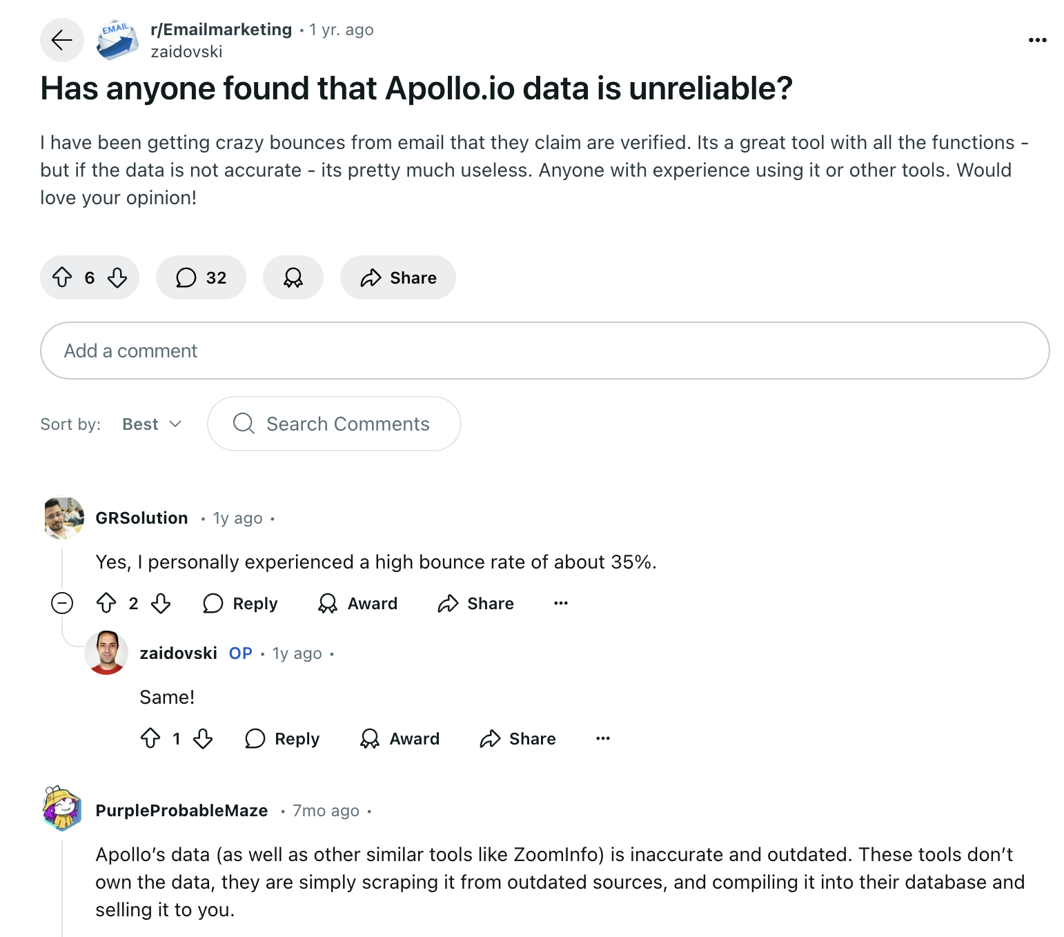 Discussion on Reddit about Apollo.io's unreliable data