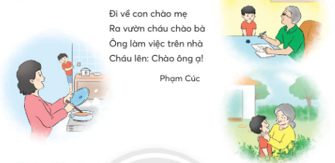 BÀI 3: MẸKHỞI ĐỘNGCâu hỏi: Nói về việc mà người thân thường làm để chăm sóc em.Giải nhanh:Khi em bị ốm, mẹ nấu cháo, đo thân nhiệt, dùng khăn chườm trán, mua thuốc cho em,…KHÁM PHÁ VÀ LUYỆN TẬPCâu 1: Đọc: Mẹ - Trần Quốc Minh1. Câu thơ nào cho biết thời tiết mùa hè rất oi bức?2. Tìm từ ngữ chỉ việc làm của mẹ để con ngủ ngon.3. Hai dòng thơ sau cho em biết điều gì? Những ngôi sao thức ngoài kia Chẳng bằng mẹ đã thức vì chúng con.Các con thức rất khuyaNhững ngôi sao thức rất khuyaMẹ thức rất khuya vì con4. Trong câu thơ cuối bài thơ, người mẹ được so sánh với hình ảnh nào?Trả lời: 1. Câu thơ nào cho biết thời tiết mùa hè rất oi bức: Con ve cũng mệt vì hè nắng oi.2. Từ ngữ chỉ việc làm của mẹ để con ngủ ngon: ru, quạt, thức3. Hai dòng thơ sau cho em biết:Mẹ thức rất khuya vì con4. Trong câu thơ cuối bài thơ, người mẹ được so sánh với hình ảnh: ngọn gió của con.Cùng sáng tạo: Lời hay ý đẹpCâu 2: Viết: Em là con ngoan.Giải nhanh: Học sinh tự viết Câu 3: Tìm từ ngữ chỉ người trong khổ thơ dưới đâyGiải nhanh:Con, mẹ, ông, bà, cháu.Câu 4: Thực hiện các yêu cầu dưới đây:a) Câu nào dưới đây dùng để kể về việc làm của mẹ?Mẹ em là cô giáo à?Mẹ đã về nhà chưa?Mẹ em đang nấu cơm.b) Cuối những dòng nào dưới đây có thể dùng dấu chấm:Em đi học vềÔng đang làm việc ở đâuBà tưới cây trong vườnGiải nhanh:a) Mẹ em đang nấu cơm.b)Em đi học vềBà tưới cây trong vườnVẬN DỤNG