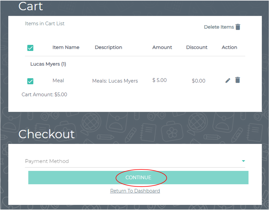 screen shot with checkout section continue circled in red