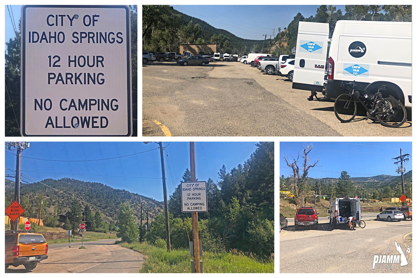 Cycling Mt. Evans, Colorado - photo collage, PJAMM Cycling logo in corner, road sign for City of Idaho Springs parking, photos of public parking lots