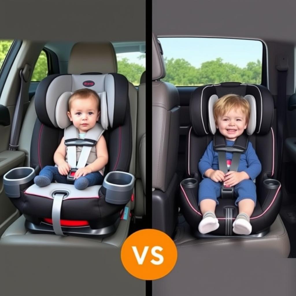 Standard car seat next to portable travel car seat for comparison