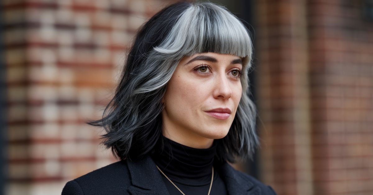 A woman with gray hair wearing a black jacket, showcasing her stylish look with a gray money piece hairstyle.S