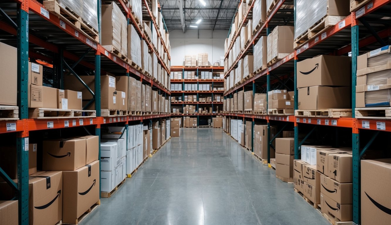 An overflowing warehouse with shelves of unfulfillable Amazon inventory