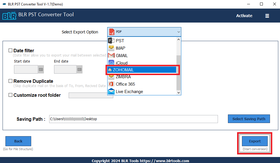 select Zoho Mails from the Save/Backup/Migrate