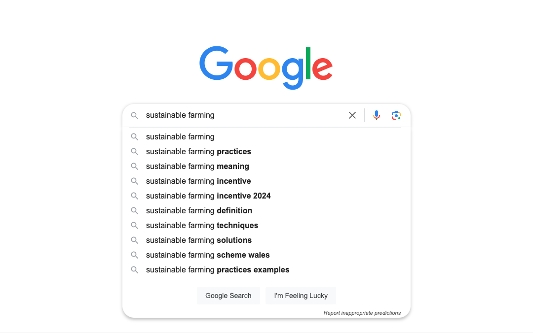 Google autocomplete suggestions for "sustainable farming."