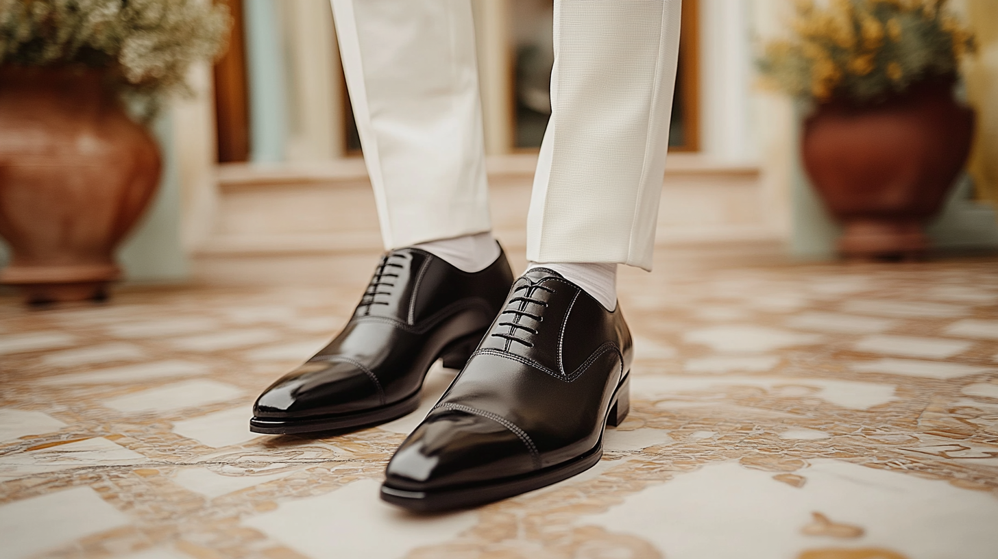 
A groom in a sharp white suit, wearing classic black leather shoes that add a clean, formal touch to his wedding look. The black leather shoes perfectly complement the crisp white suit, enhancing the groom’s elegant and refined appearance. The shoes provide a timeless, sophisticated contrast against the bright white attire. The wedding venue, with its luxurious décor and soft lighting, emphasizes the groom’s polished, formal style