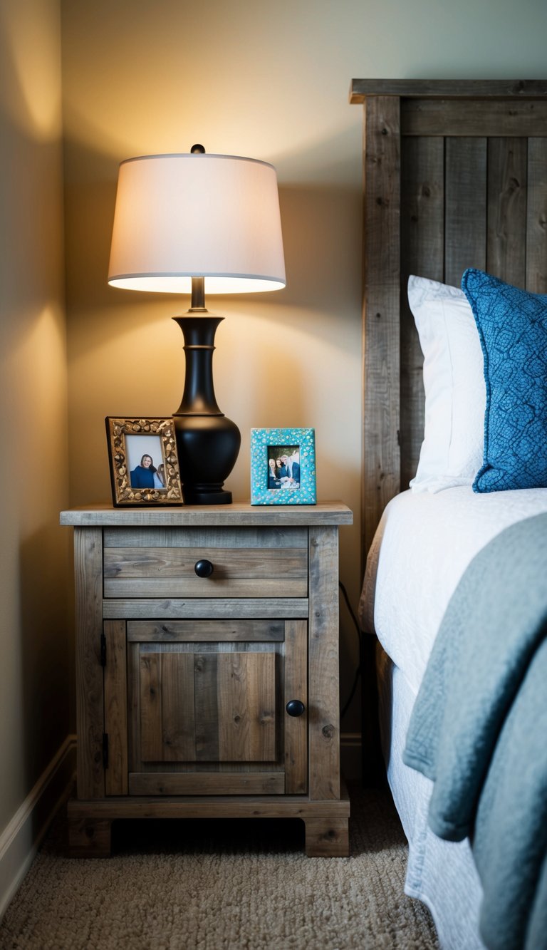 A rustic wood nightstand sits beside a cozy bed in a guest bedroom, adorned with a lamp and a few carefully chosen decorative items