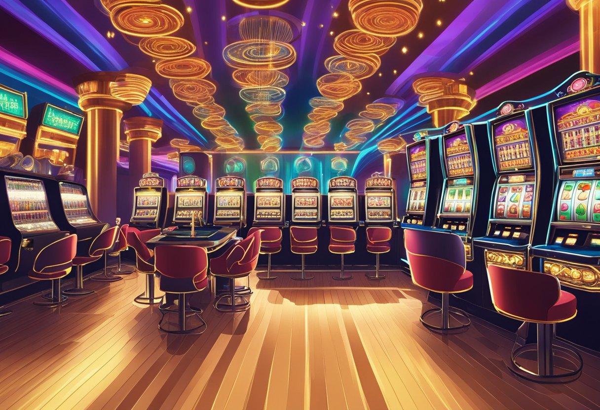 Brightly lit casino floor with rows of slot machines. Colorful graphics and flashing lights draw players in. The sound of spinning reels and winning chimes fills the air