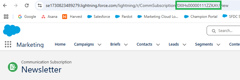 Screenshot in Marketing Cloud highlighting the Communication Subscription ID in the URL.
