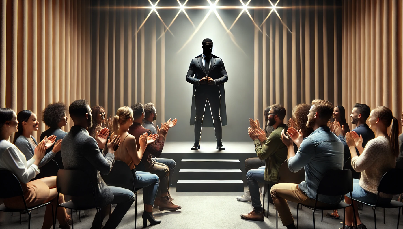 A silhouetted speaker stands confidently on a stage under dramatic spotlights, addressing an audience seated in a semicircle. The crowd claps in appreciation, dressed in smart casual attire. The stage is framed by elegant curtains, creating a professional and inspiring atmosphere.