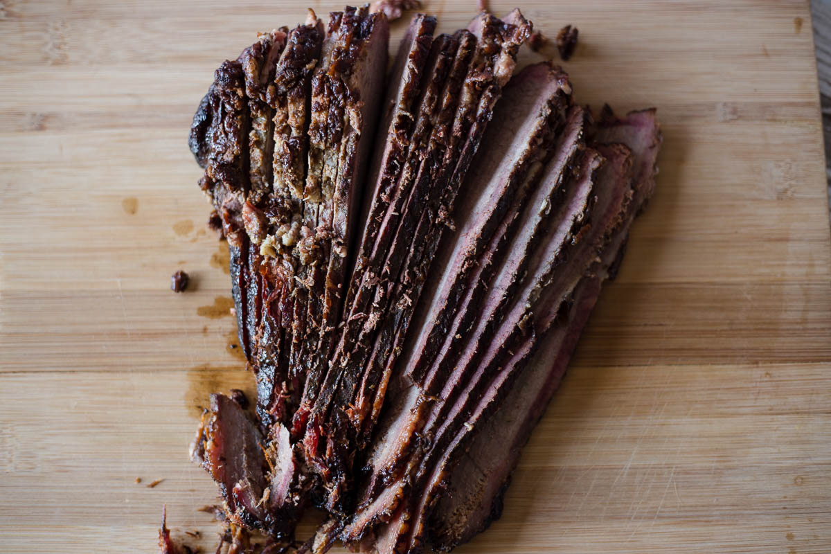 Leftover bbq beef brisket cut up and ready to be vacuum sealed