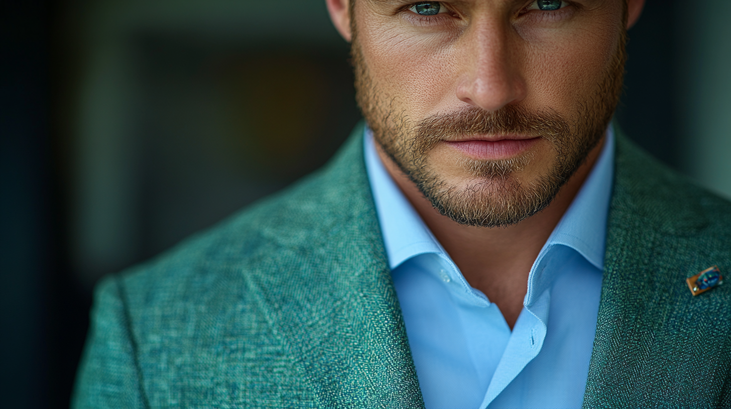 
A well-tailored green suit in forest or olive paired with a light blue shirt, creating a subtle yet sophisticated contrast. The soft, calm light blue shirt enhances the depth of the green, offering a refined look suitable for both casual and formal events. The overall outfit is elegant, with minimal accessories like a simple tie and pocket square. The background is soft and neutral, focusing on the harmony of the colors