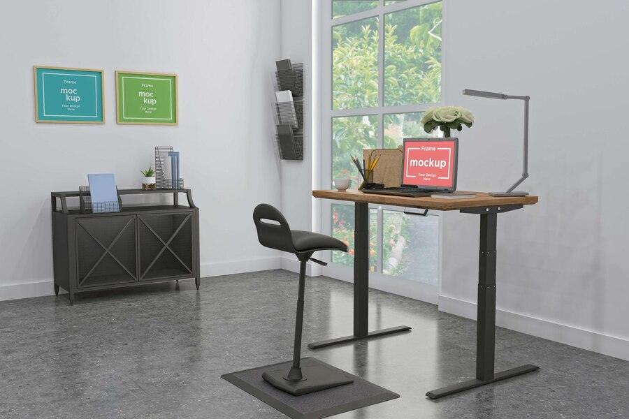 Height adjustable standing desk setup in a good workspace