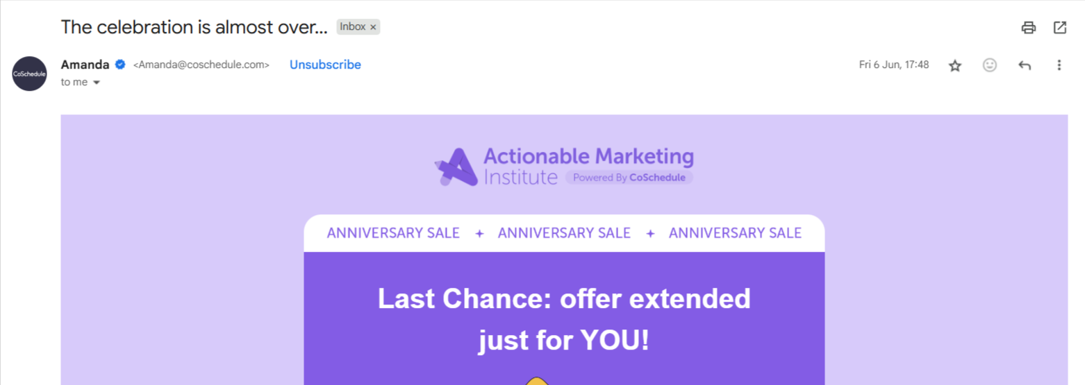 Actionable Marketing Institute email example - creating a sense of urgency