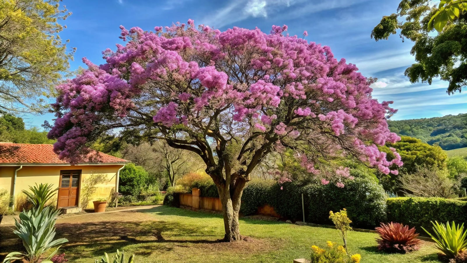 Ipê-roxo florido em um jardim, flores roxas e um céu azul ao fundo.