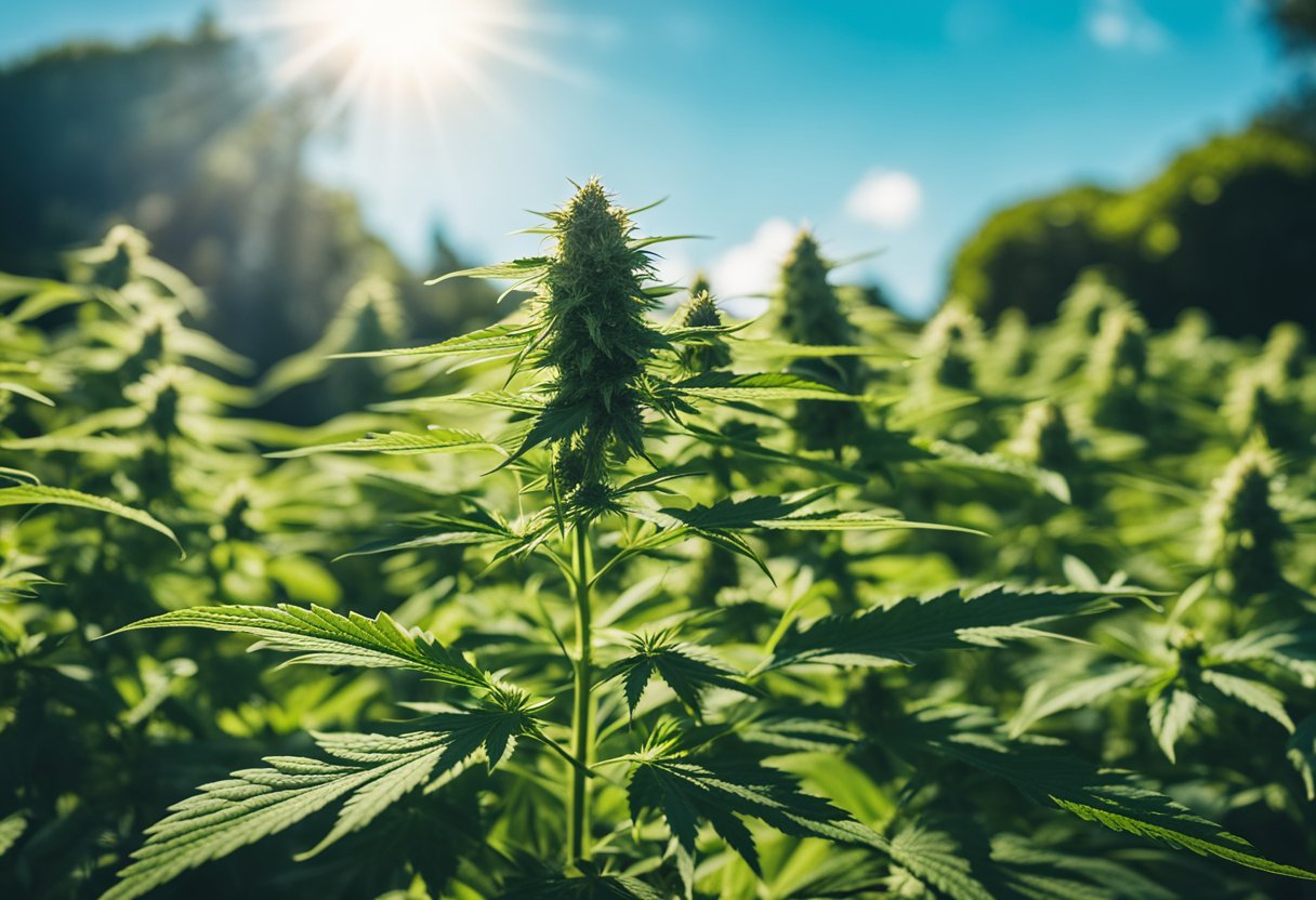A cannabis plant growing tall in a vibrant, well-lit garden, surrounded by other lush green plants, with a clear blue sky in the background