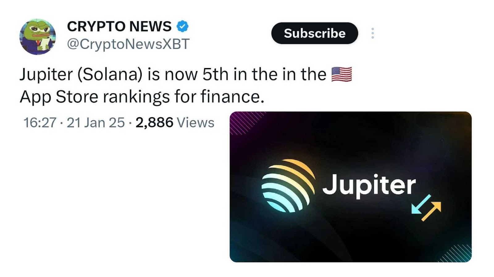 Crypto News XBT reports on X that Jupiter ranks 5th in U.S. App Store finance category