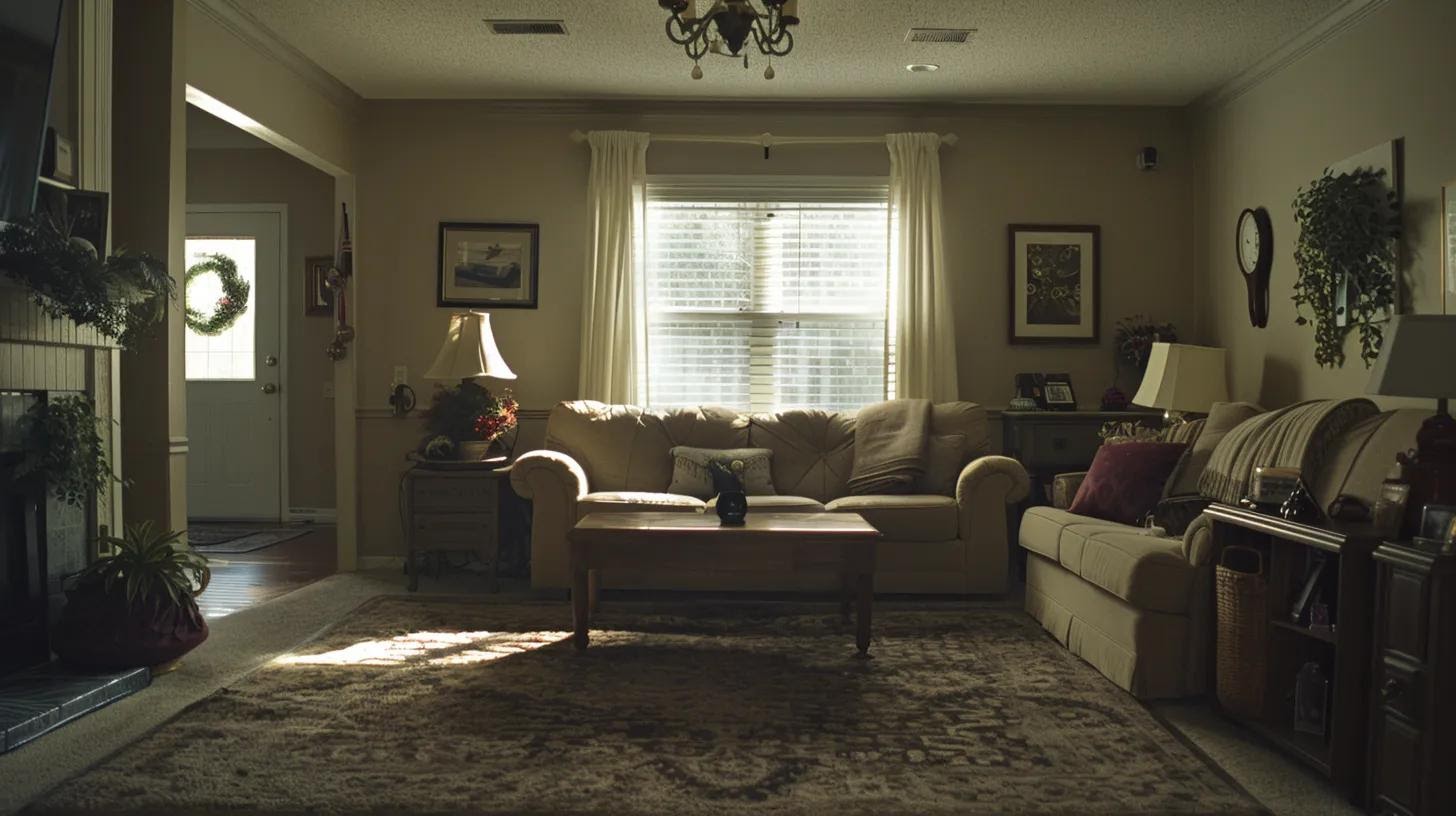 a beautifully organized and immaculate living room showcases gleaming surfaces and freshly cleaned carpets, with cozy decor elements thoughtfully arranged to create a warm and inviting atmosphere for a surprise home cleaning gift for mom.