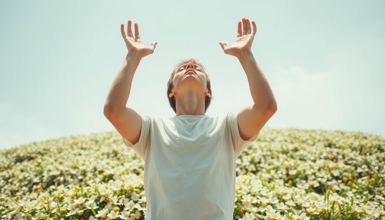 An image that conveys the feeling of self-belief could feature a person standing confidently with their arms raised towards the sky. Their eyes are closed, indicating that they trust in their own abilities and have a strong belief in their own potential. The scene around them is bright and filled with abundance, such as a large pile of money or a field of blooming flowers. The person's body language is relaxed yet powerful, showing that they are at peace with themselves and their path to success. The overall tone should be optimistic and inspiring, encouraging viewers to believe in themselves and their own ability to manifest abundance.