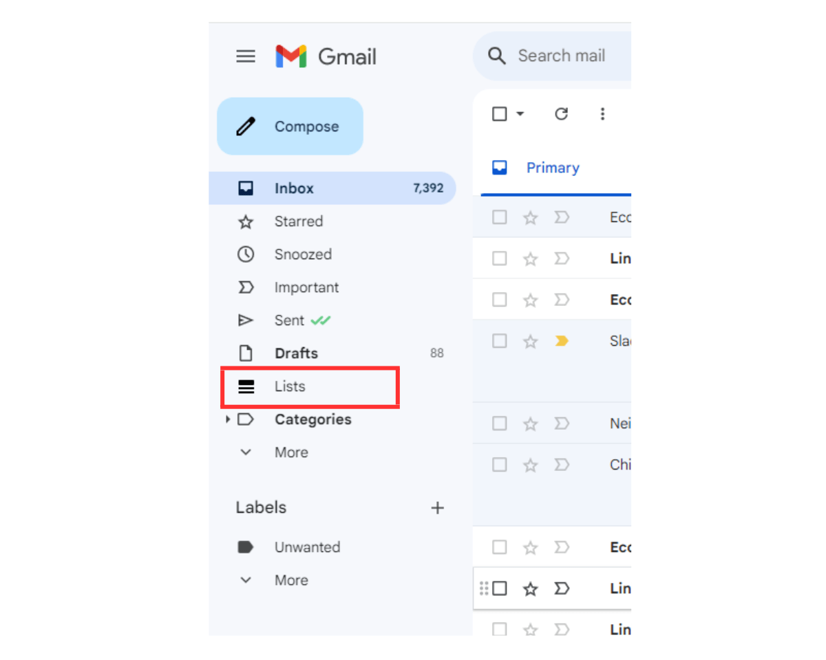 How to create and use contacts in Gmail with Mailsuite: Open Gmail and select List from the left sidebar