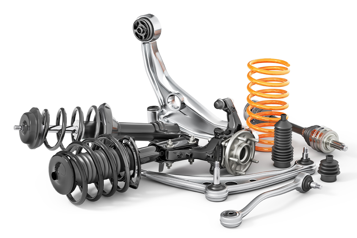 A car's suspension system has many parts such as springs, struts, dampers, control arms, stabiliser bar, bushings and more.