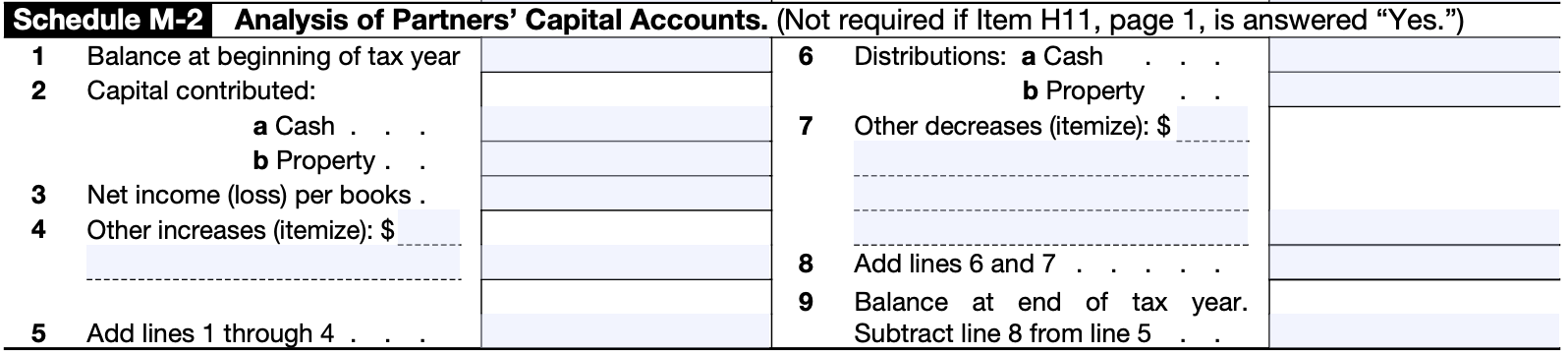 A screenshot of Schedule M-2: Analysis of Partners' Capital Accounts on Form 8865.