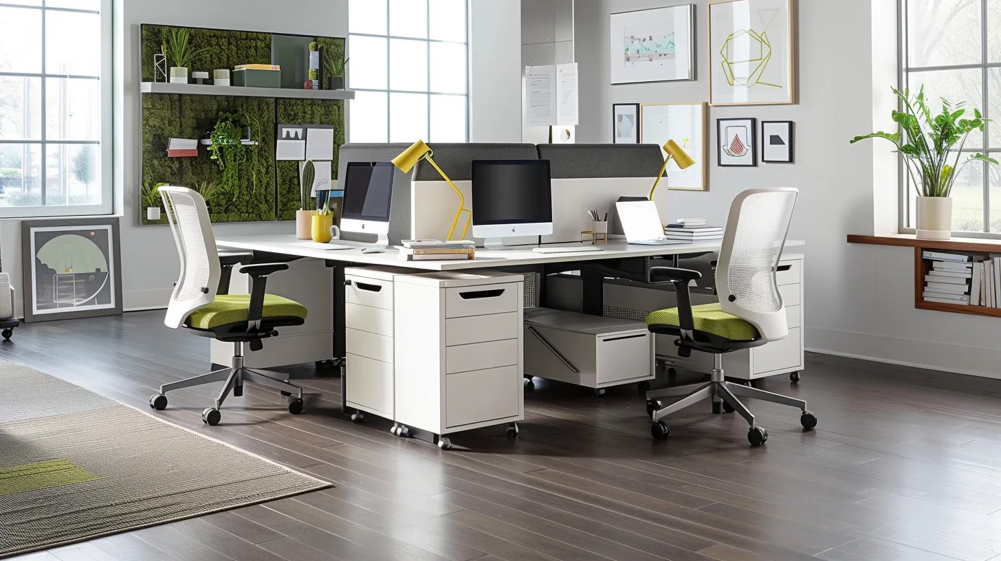 a brightly lit, modern office workspace showcases sleek desks and organized supplies, emphasizing an atmosphere of cleanliness and professionalism that enhances employee satisfaction and brand image.