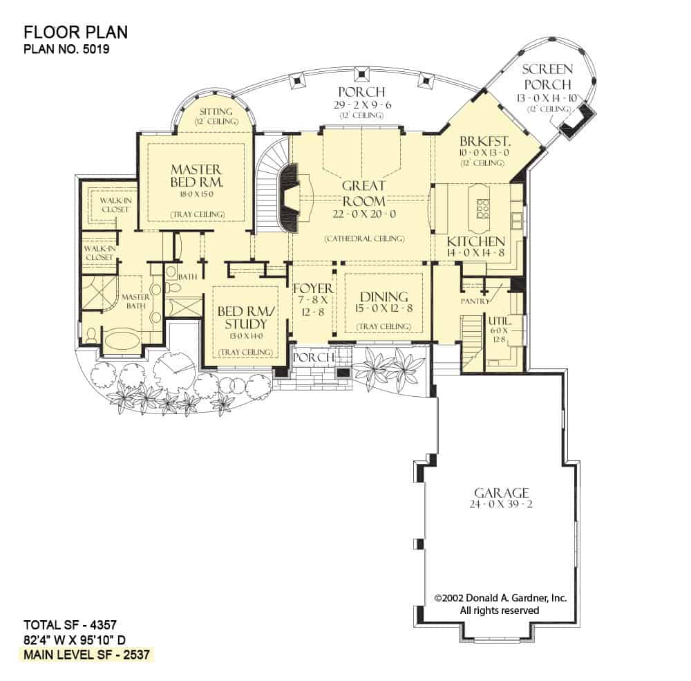 Main level floor plan of a two-story 5-bedroom The Hollowcrest European home with front and rear porches, foyer, formal dining room, great room, kitchen, breakfast nook that extends tot he screened porch, and two bedrooms including the primary suite.
