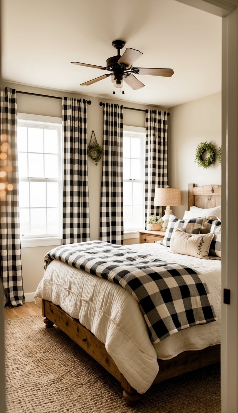 A cozy farmhouse bedroom with buffalo check curtains, a rustic bed, and vintage decor