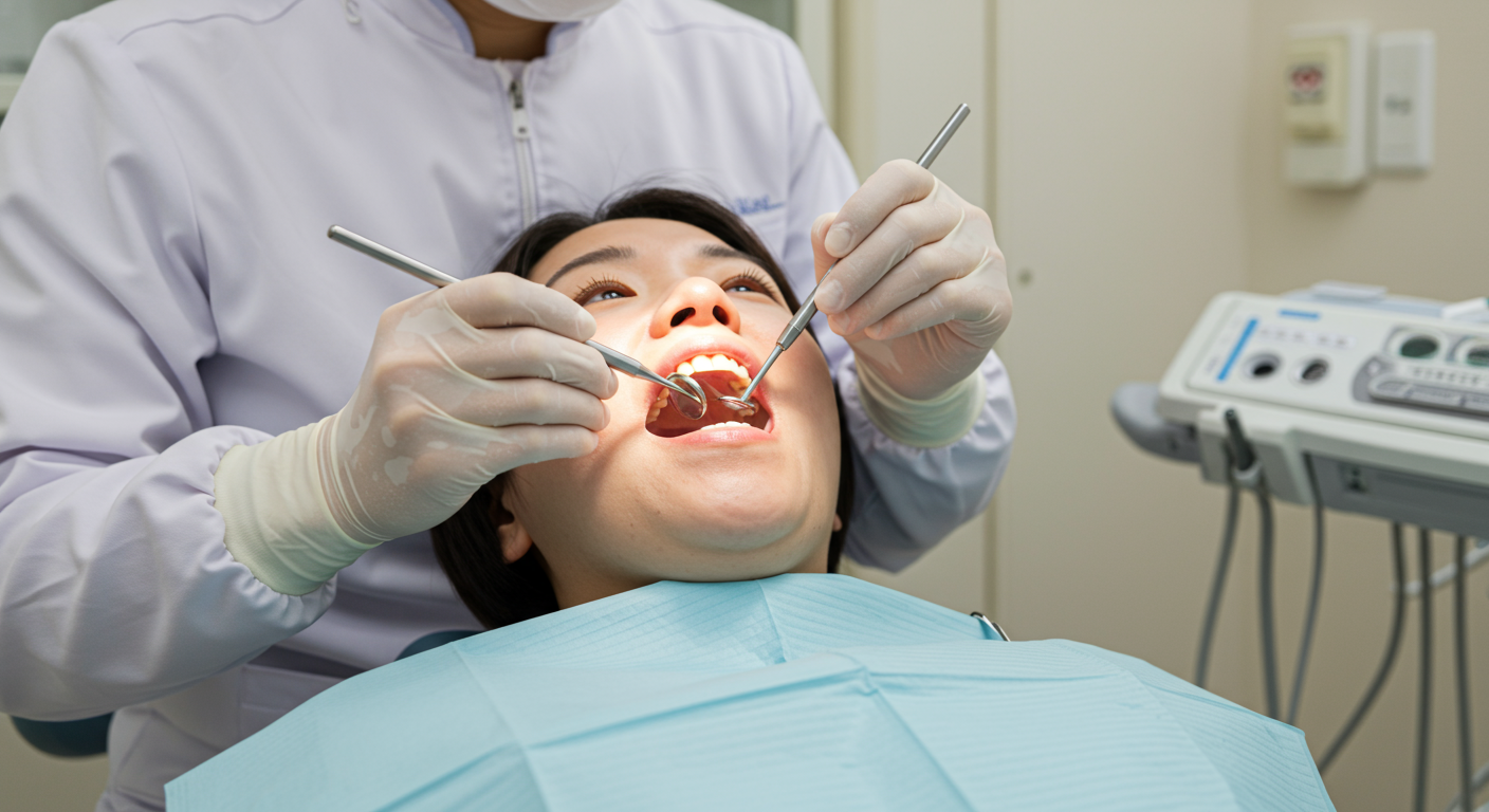 矯正歯科医が患者の口腔内を精密に検査している様子
