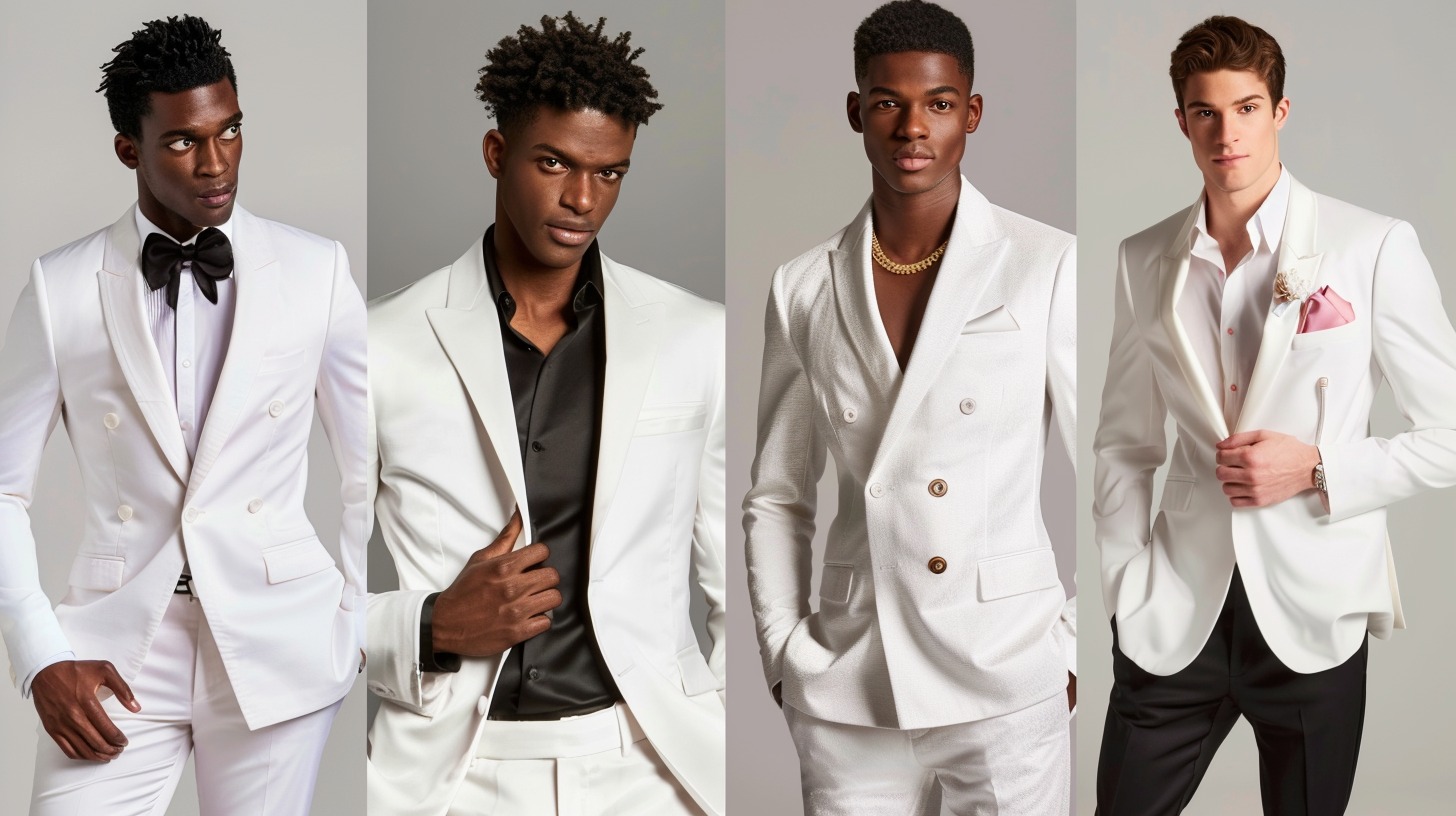 Create standout men’s prom looks centered around a white suit. Show variations including white tuxedos and white two-piece suits, styled for spring or summer. Focus on 2025 prom trends: pastel accents, gold details, textured fabrics (like jacquard or velvet lapels), and modern fits. Include outfit combos with black shirts, soft pink or powder blue shirts, loafers or dress shoes, and bold accessories (like a gold chain or pocket square). The overall tone should be confident, clean, and stylish
