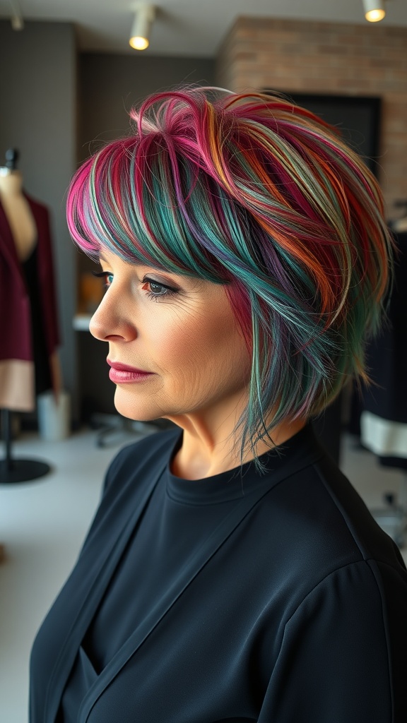 A woman with vibrant, multi-colored hair featuring pink, teal, and orange layers, showing a modern haircut.