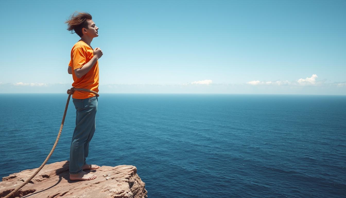 An image of a person standing on the edge of a cliff, facing the ocean. The person is holding onto a rope with their hands, which is tied to a heavy rock behind them. As they let go of the rope, they close their eyes and exhale deeply, releasing all negative emotions and attachments from their body. The wind is blowing their hair and clothes, symbolizing the fresh start and freedom they are experiencing. The sky is clear, with a few clouds in the distance, indicating that a new journey is about to begin.