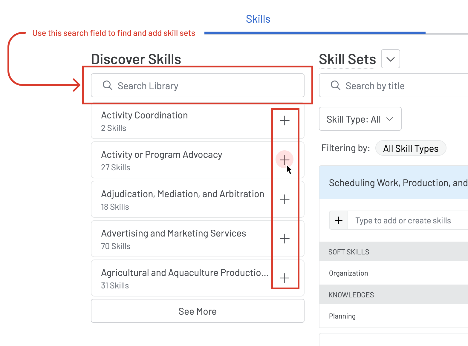 Screenshot of the left side of the skill sets section with a red box highlighting where to search in the "Discover Skills" section and the plus buttons to add them into the profile. 