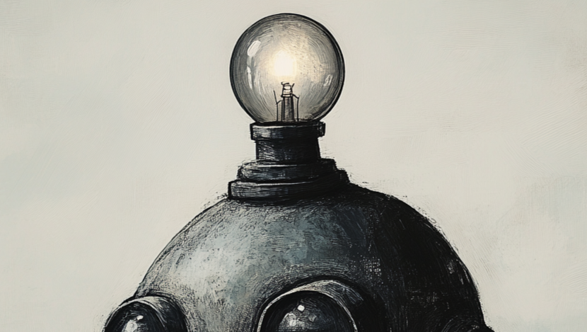 A dimly lit bulb on the head of a robot (A robot lacking creativity