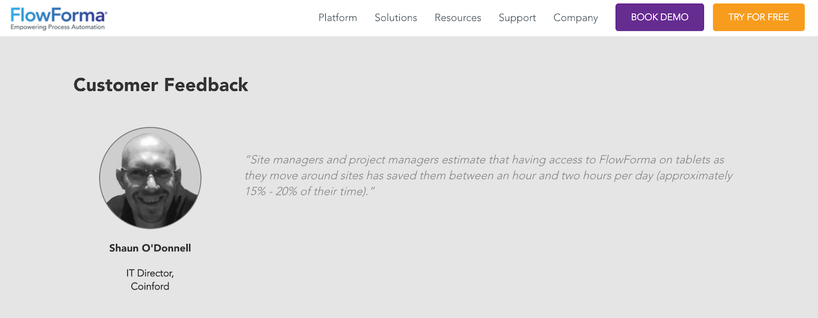 Image Shown: A screenshot of FlowForma’s customer feedback 