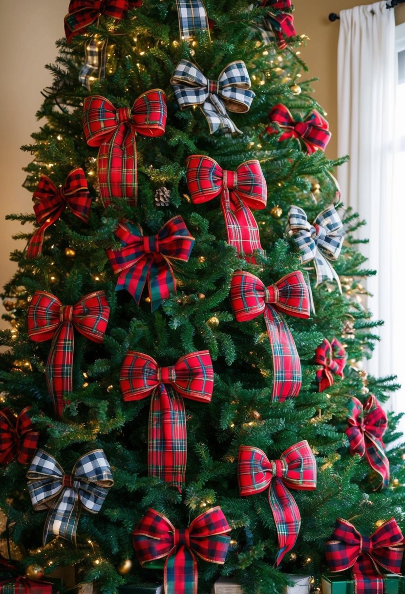 A festive Christmas tree adorned with tartan plaid bows in various sizes and colors, creating a cozy and traditional holiday atmosphere