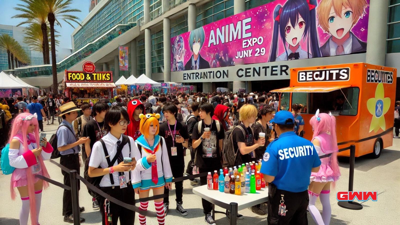 Attendees in colorful cosplay near food trucks at Anime Expo entrance