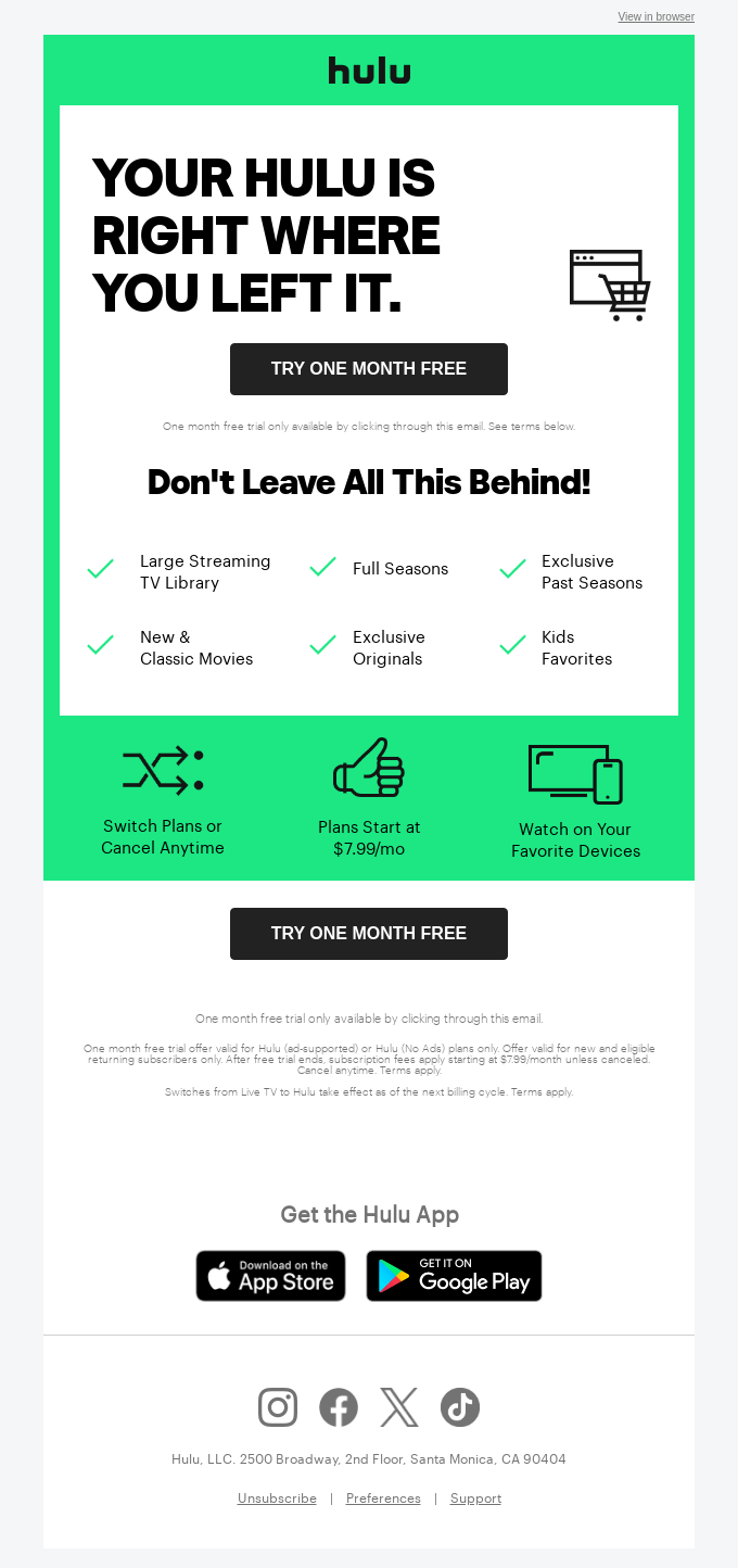 Hulu conversion email (try one month for free)