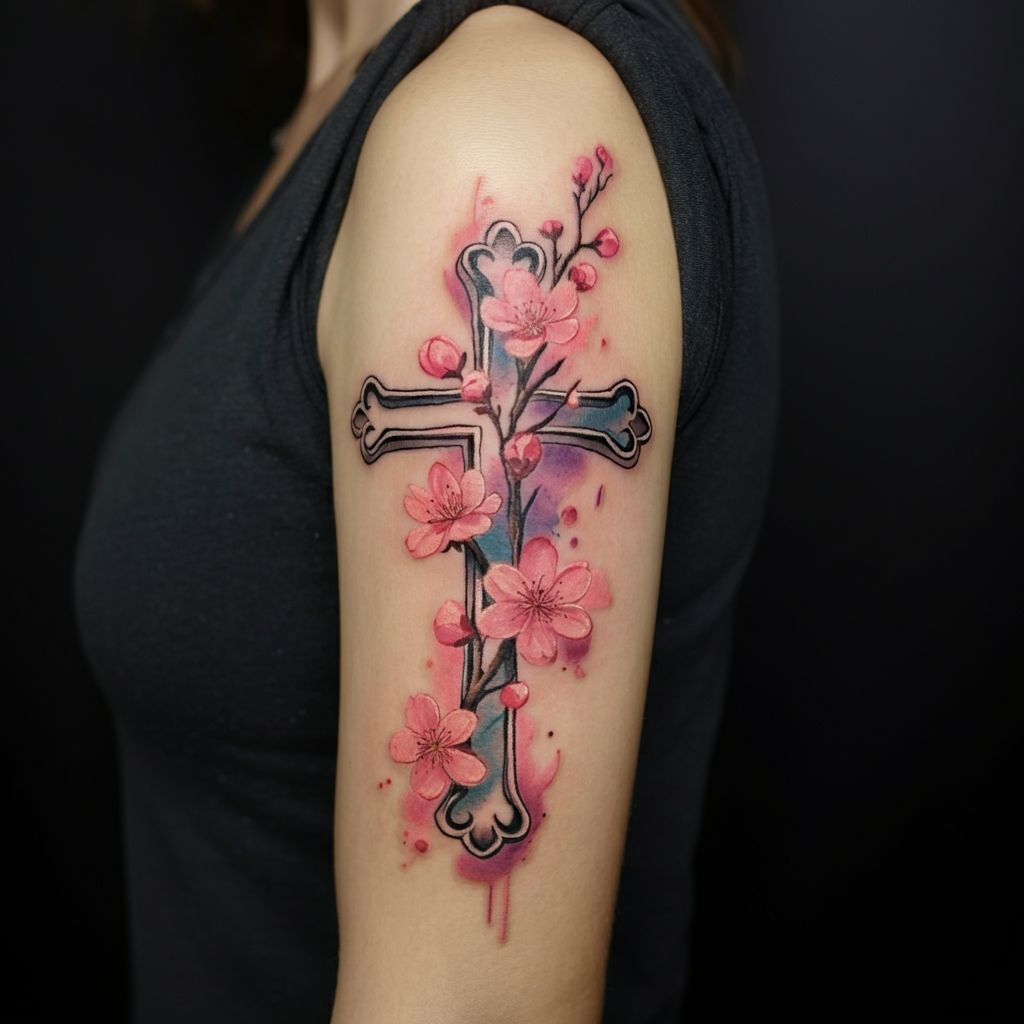 Cross with Flowers Tattoo on arm